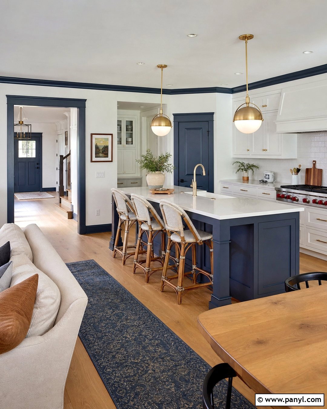 Blue Trim Open Kitchen - 35 Blue Trim White Walls