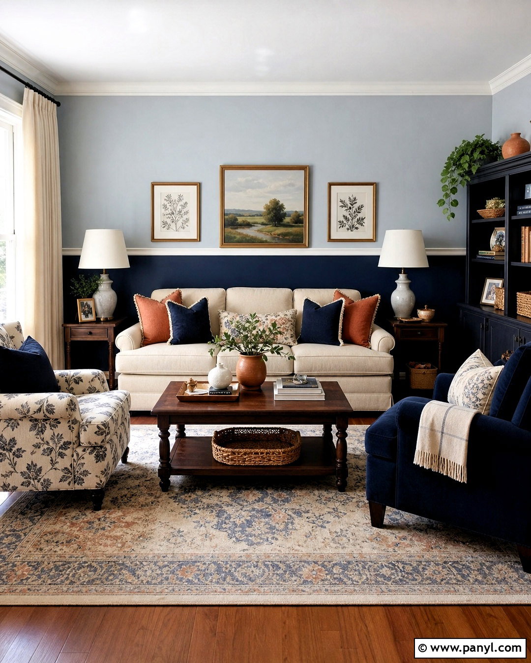 Blue Two-Tone Accent Wall With Molding - 20 blue accent wall living room ideas