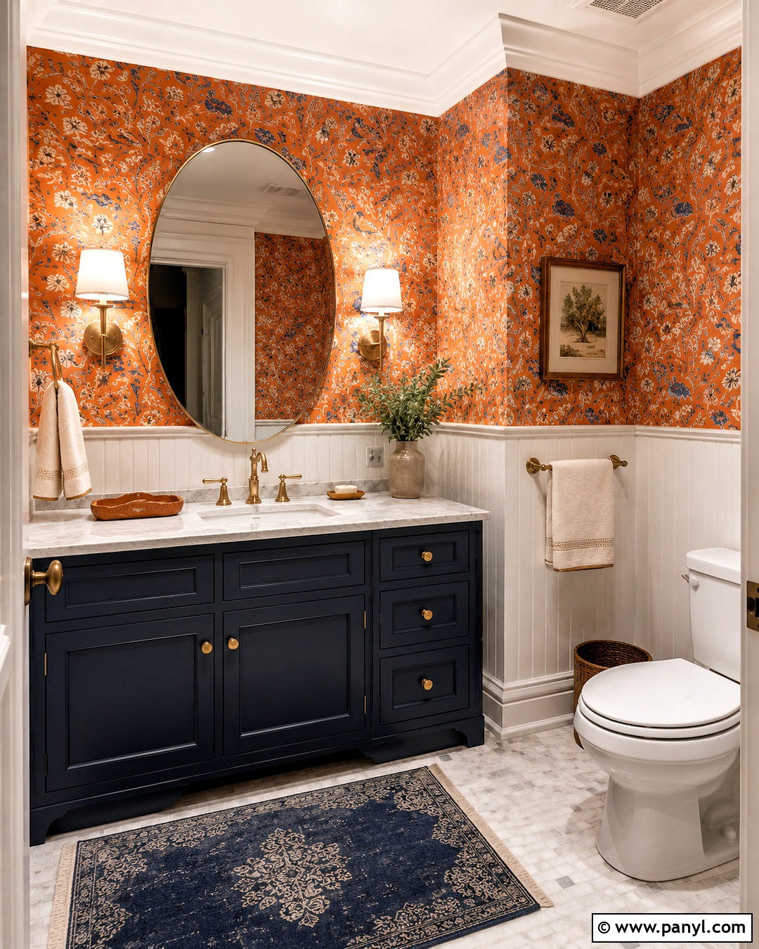 Blue Vanity And Orange Wallpaper Bathroom - 20 blue and orange bathroom ideas