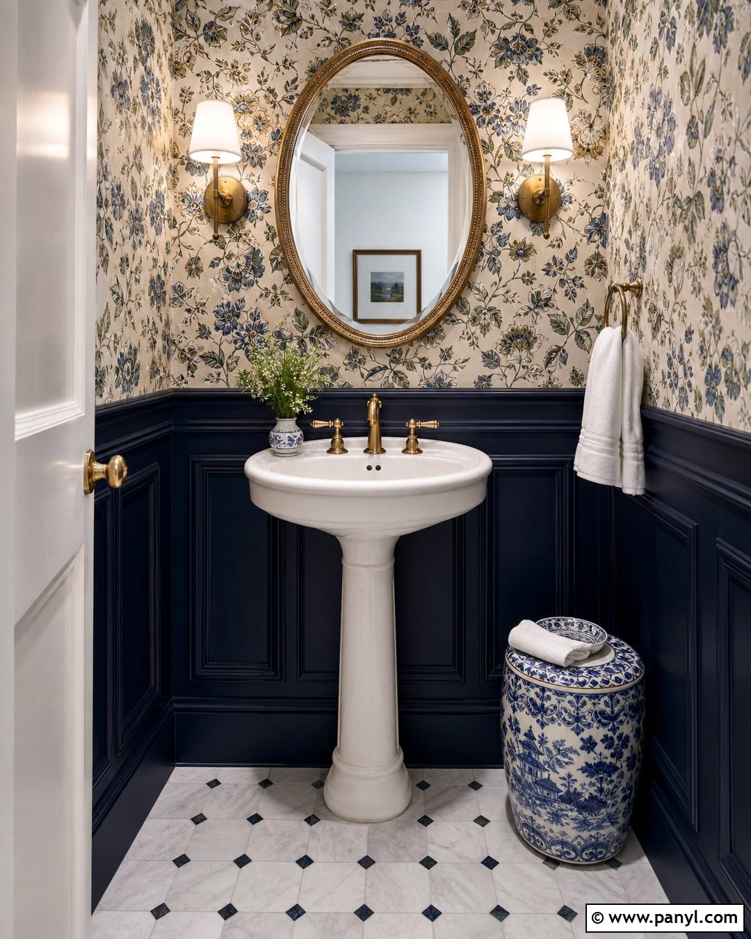 Blue Wainscoting Powder Room With Floral Wallpaper - 35 blue wainscoting ideas