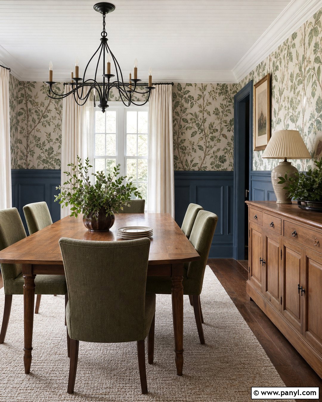 Blue Wainscoting With Botanical Wallpaper - 35 blue wainscoting ideas