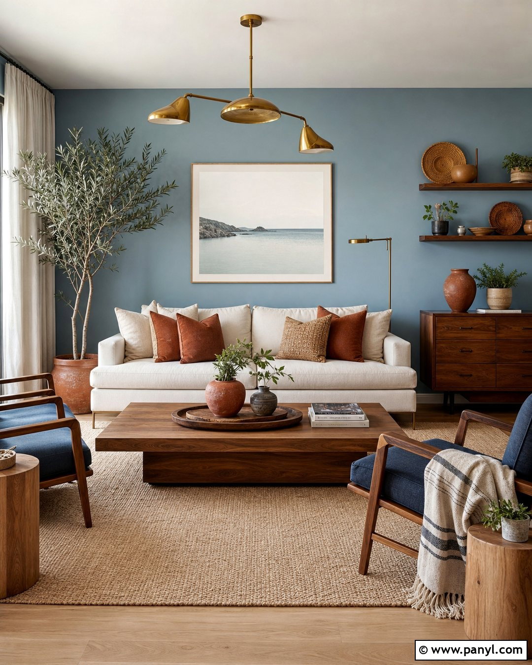 Blue Wall With Warm Wood Furniture - 30 blue wall interior ideas
