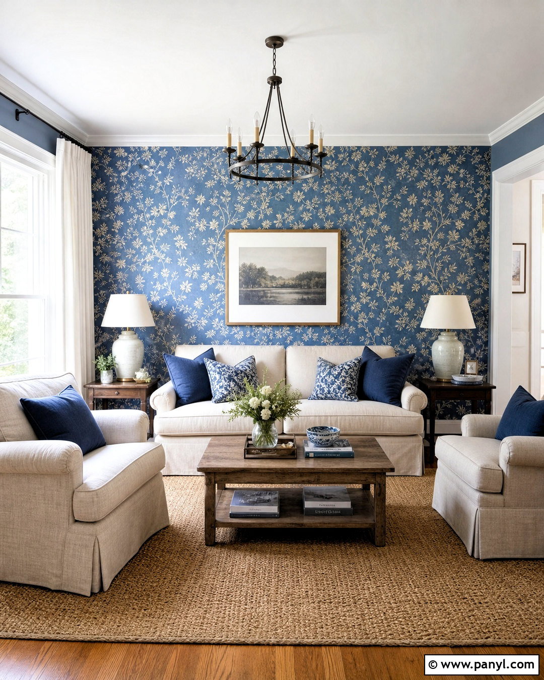 Blue Wallpaper Accent Wall With Beige Sofa - 20 blue accent wall living room ideas