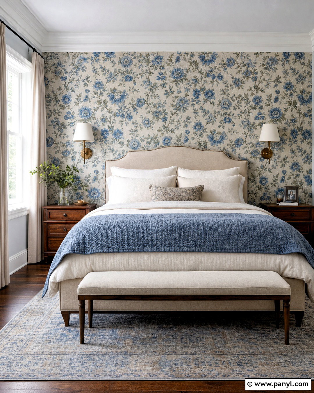 Blue Wallpaper Accent Wall With Floral Pattern - 20 bedroom blue accent wall ideas