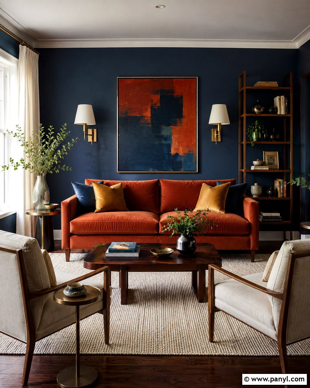 Blue Walls With A Rust Sofa - 20 Blue Wall Lounge Room Ideas