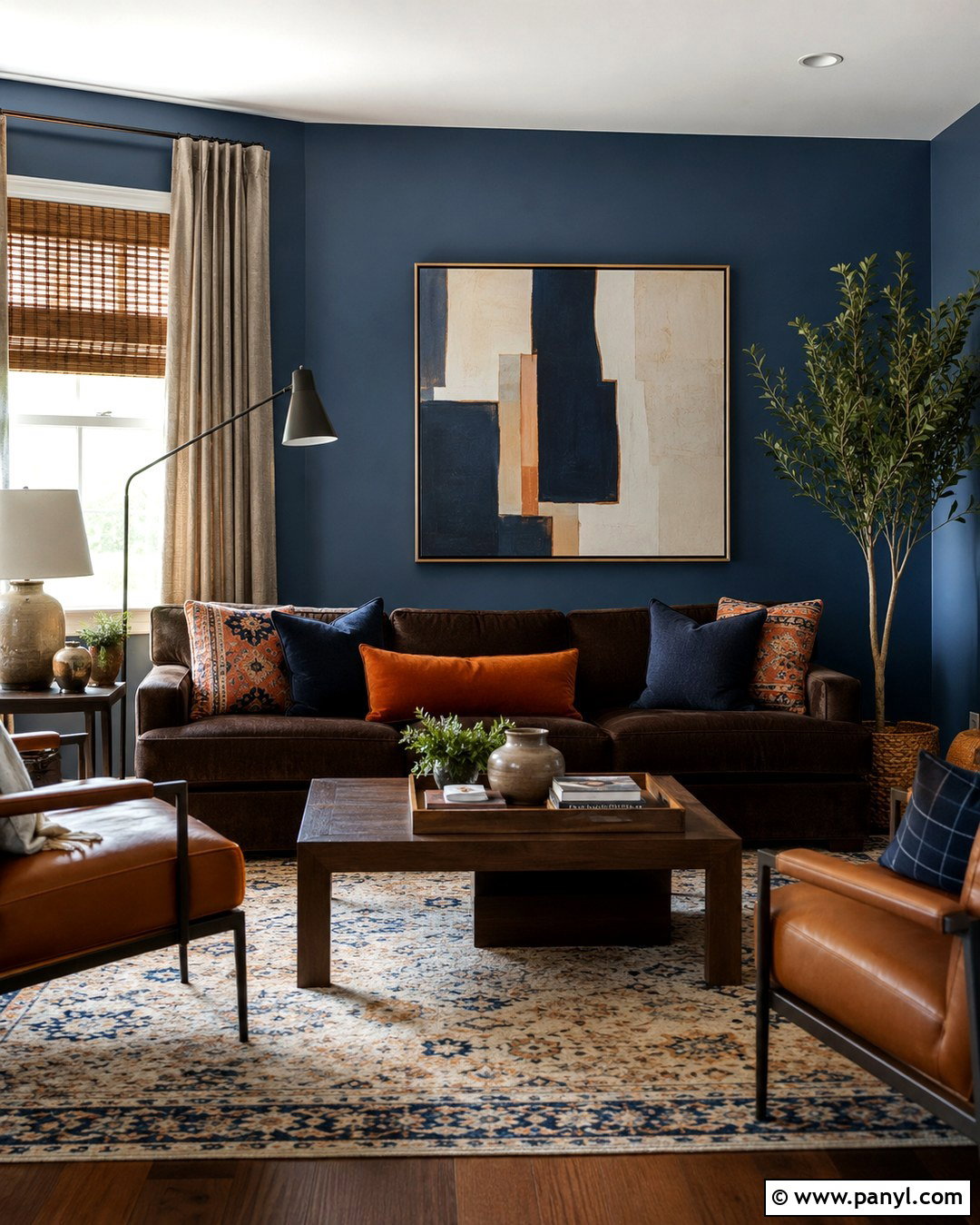 Blue Walls With Brown Couch And Orange Accents - 20 Blue Wall Brown Couch Ideas