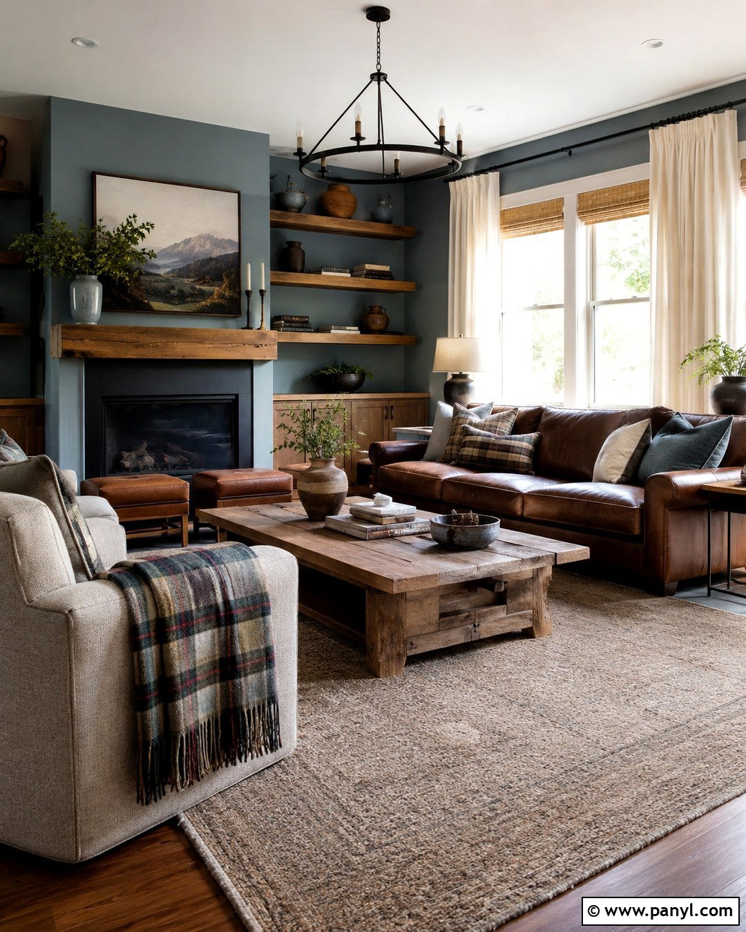 Blue Walls With Brown Couch And Rustic Wood - 20 Blue Wall Brown Couch Ideas