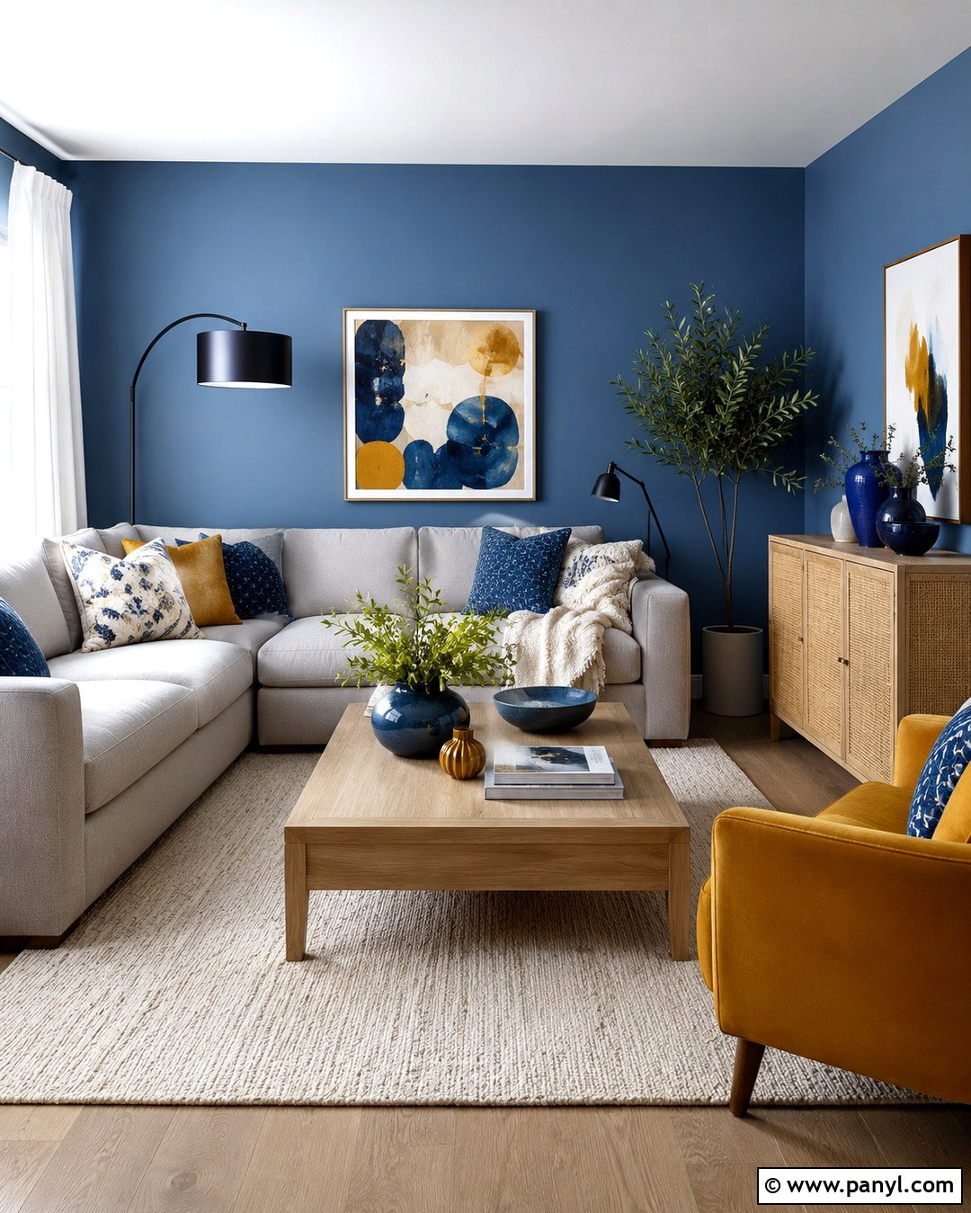 Blue Walls With Mustard Accents - 20 Blue Wall Lounge Room Ideas