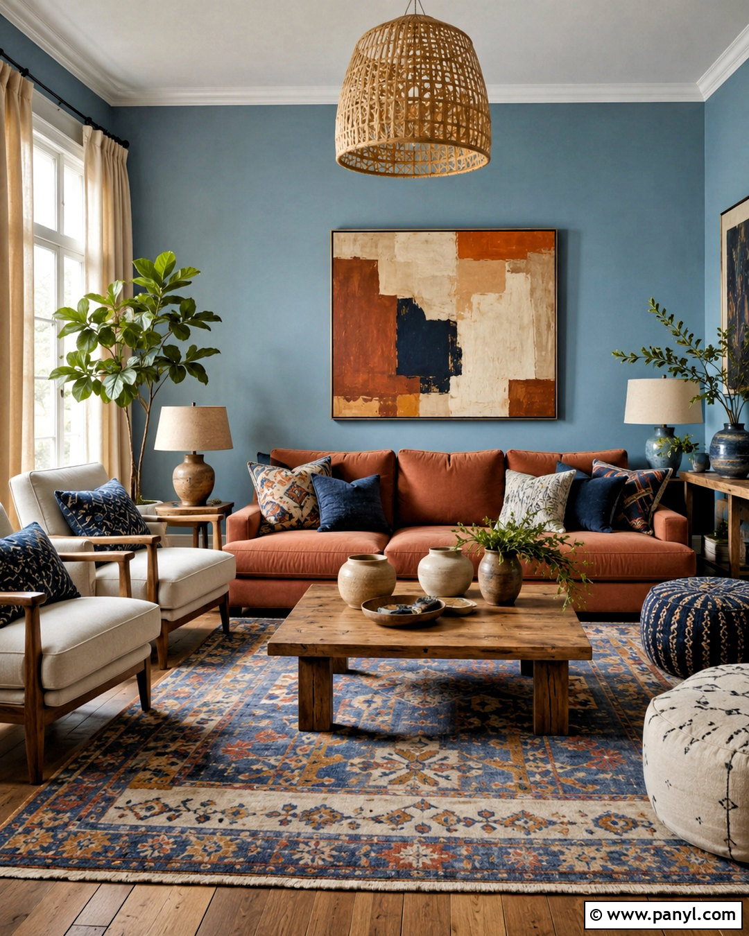 Blue Walls With Terracotta Sofa - 20 blue wall living room ideas