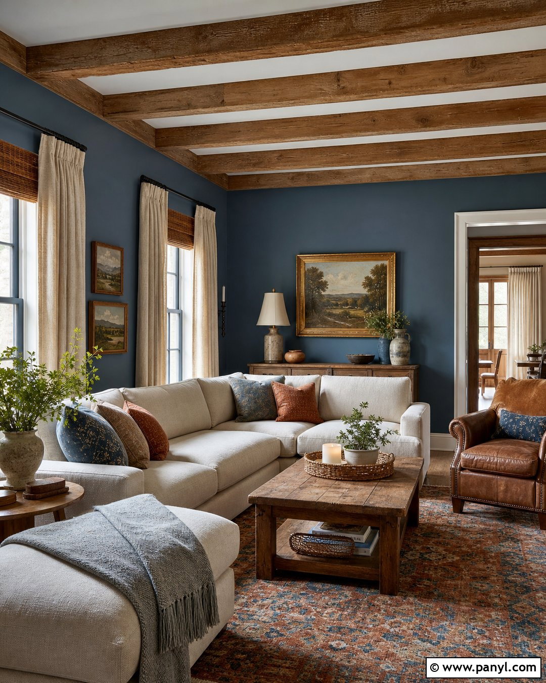 Blue Walls With Wood Ceiling Beams - 50 blue walls