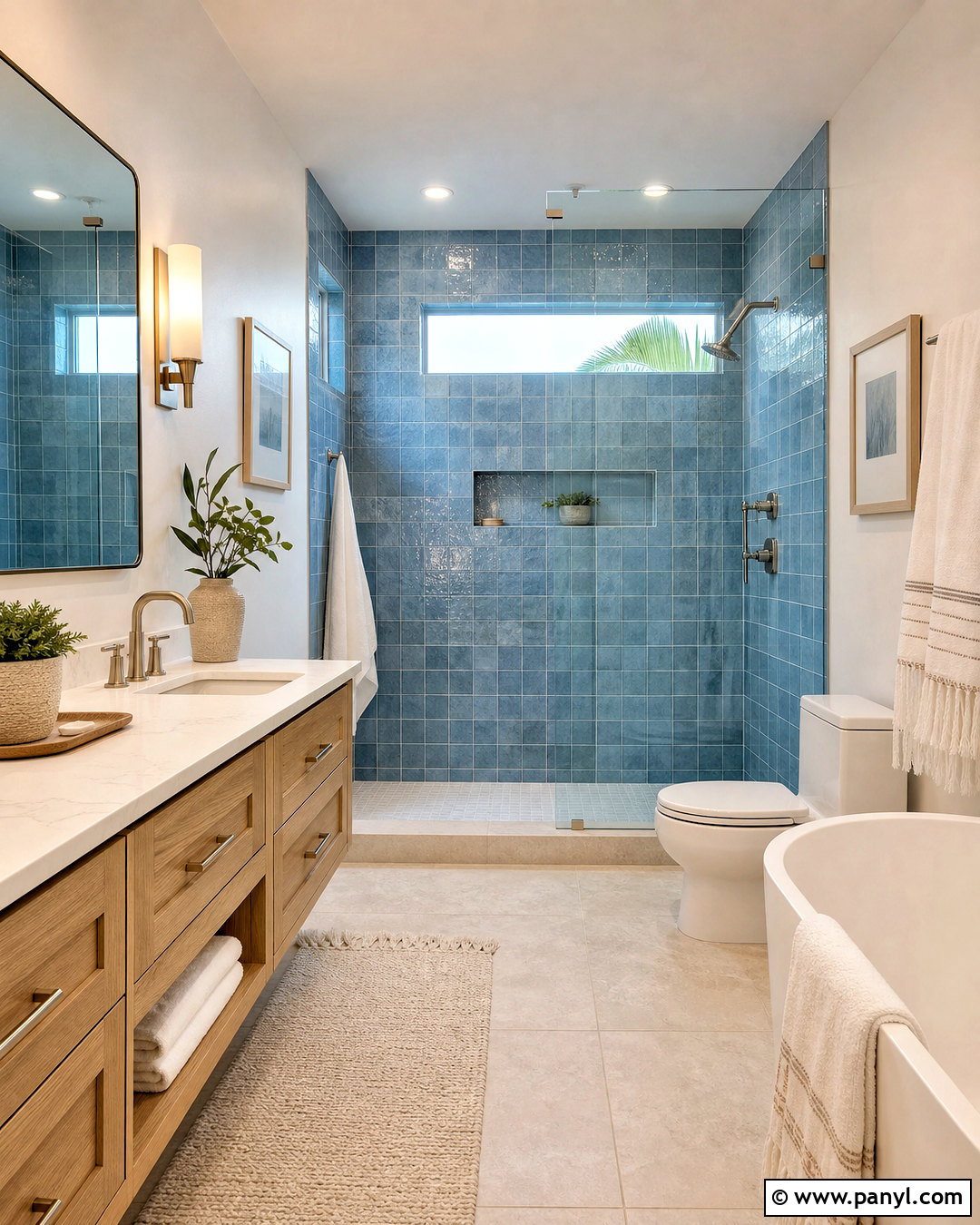 Blue Zellige And Limestone Bathroom Tile Combination - 20 tiles combination for bathroom ideas