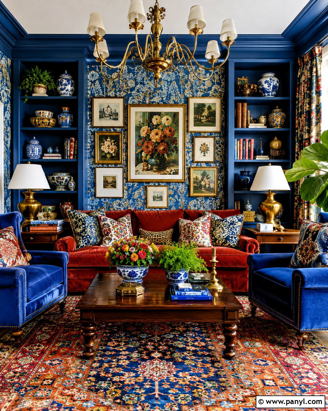 Blue and Terracotta Maximalist Living Room - 20 blue and terracotta living room ideas