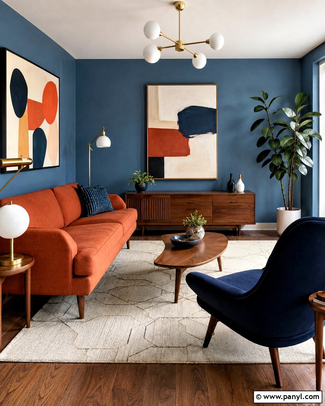 Blue and Terracotta Midcentury Living Room - 20 blue and terracotta living room ideas