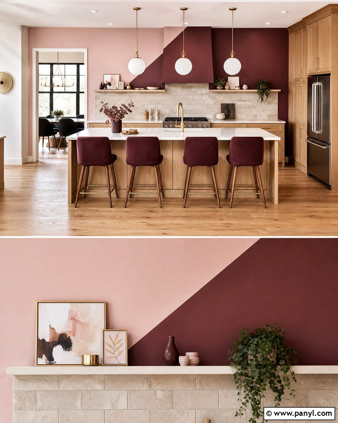 Blush And Burgundy Diagonal Kitchen Wall - 20 Color Block Kitchen Wall Ideas