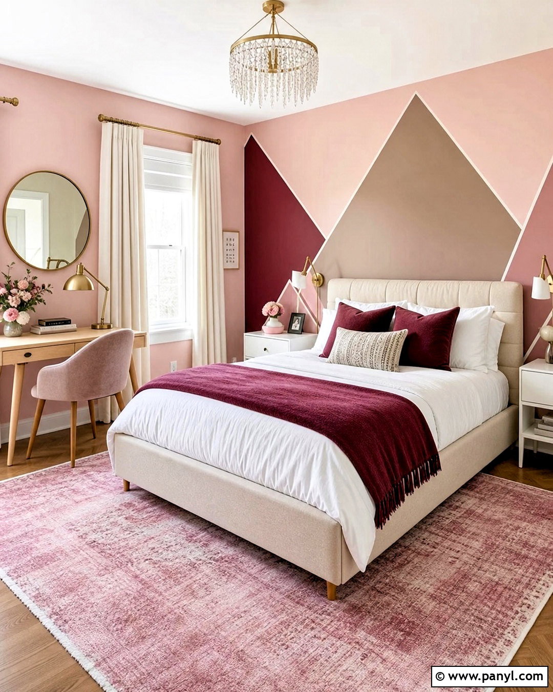Blush And Burgundy Triangle Wall Teen Bedroom - 20 triangle painted wall ideas