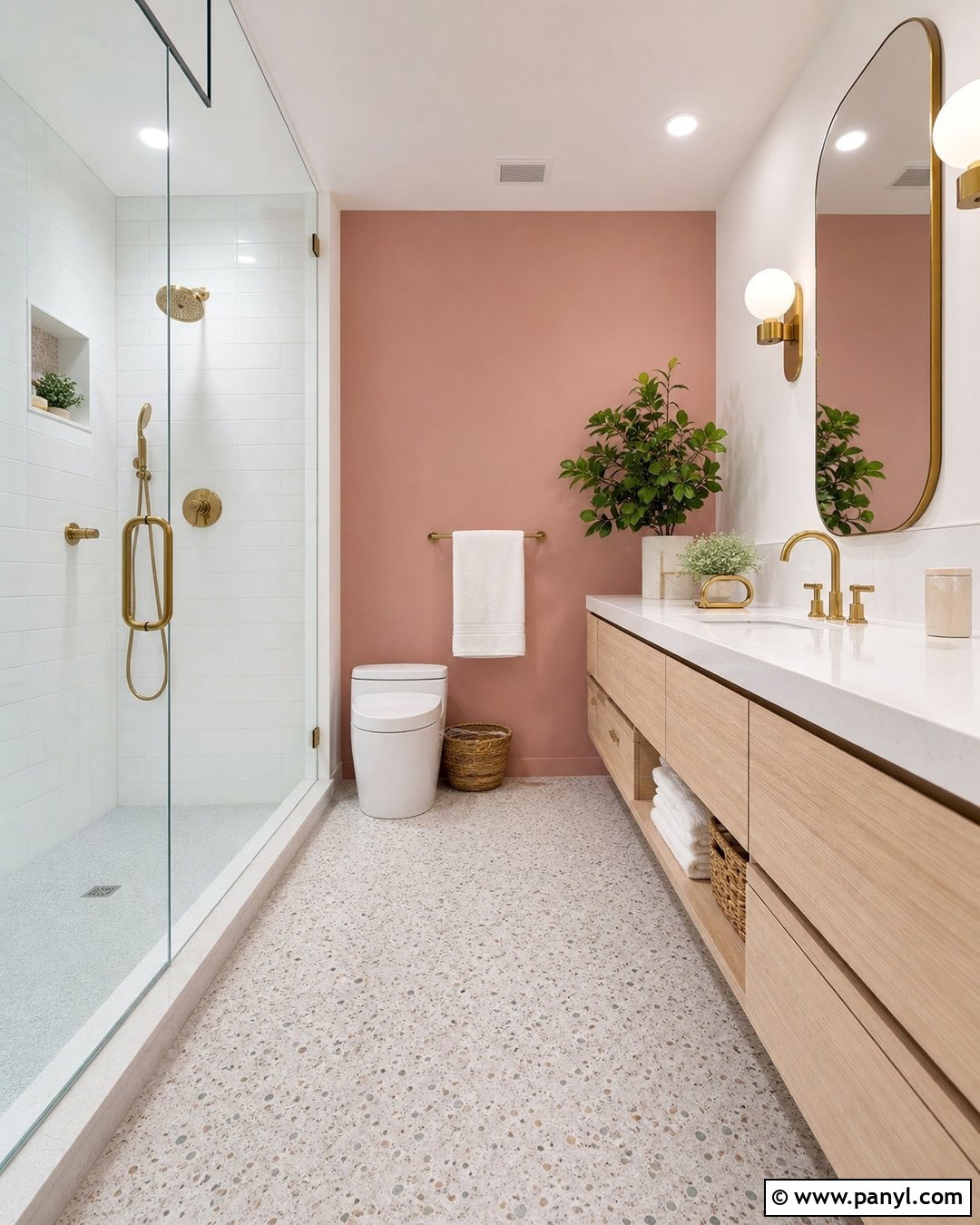 Blush Pink Accent Wall With Oak Vanity - 20 Modern Bathroom With Pink Accent Wall Ideas