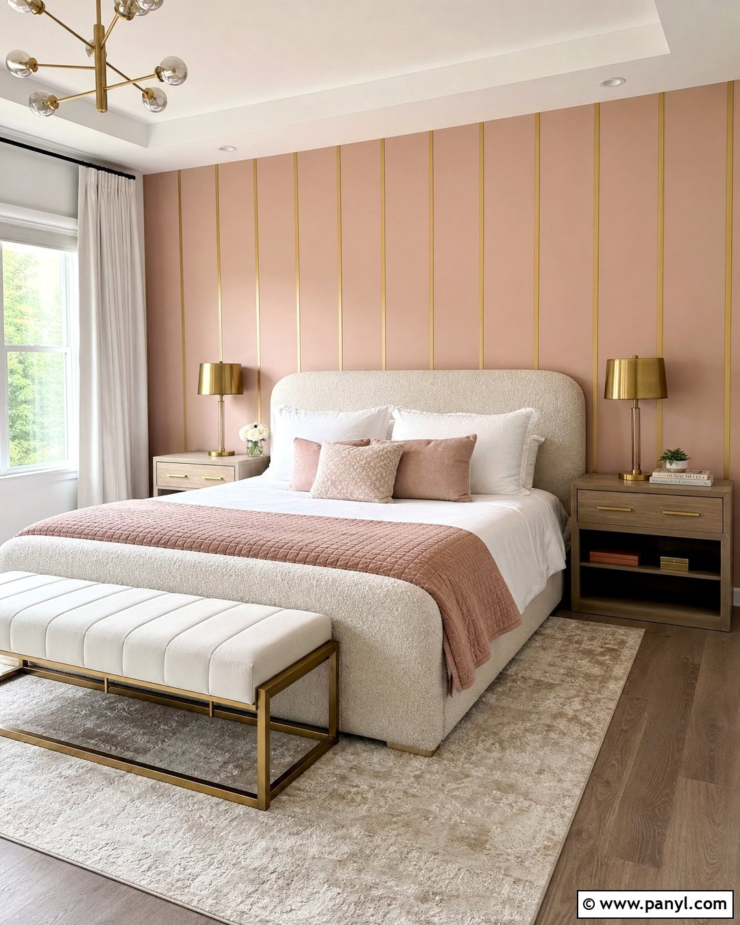 Blush Pink And Gold Stripe Bedroom Wall - 35 gold stripe wall ideas