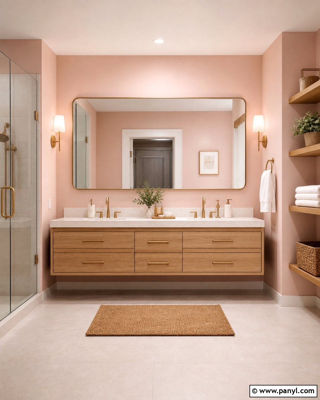 Blush Pink Bathroom Walls With White Oak - 30 pink bathroom walls