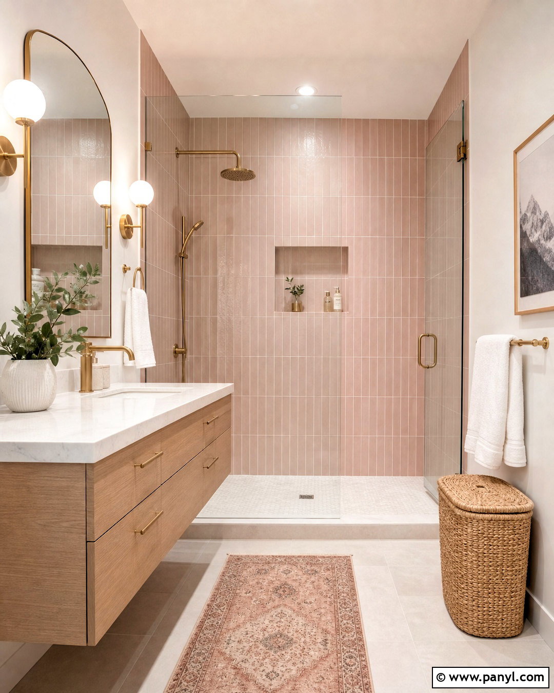 Blush Pink Bathroom With Brass Fixtures - 20 modern pink bathroom ideas