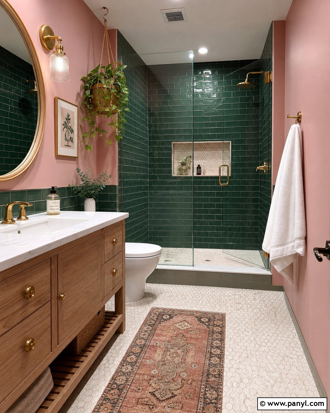 Blush Pink Bathroom With Green Tile - 35 Blush Pink Walls