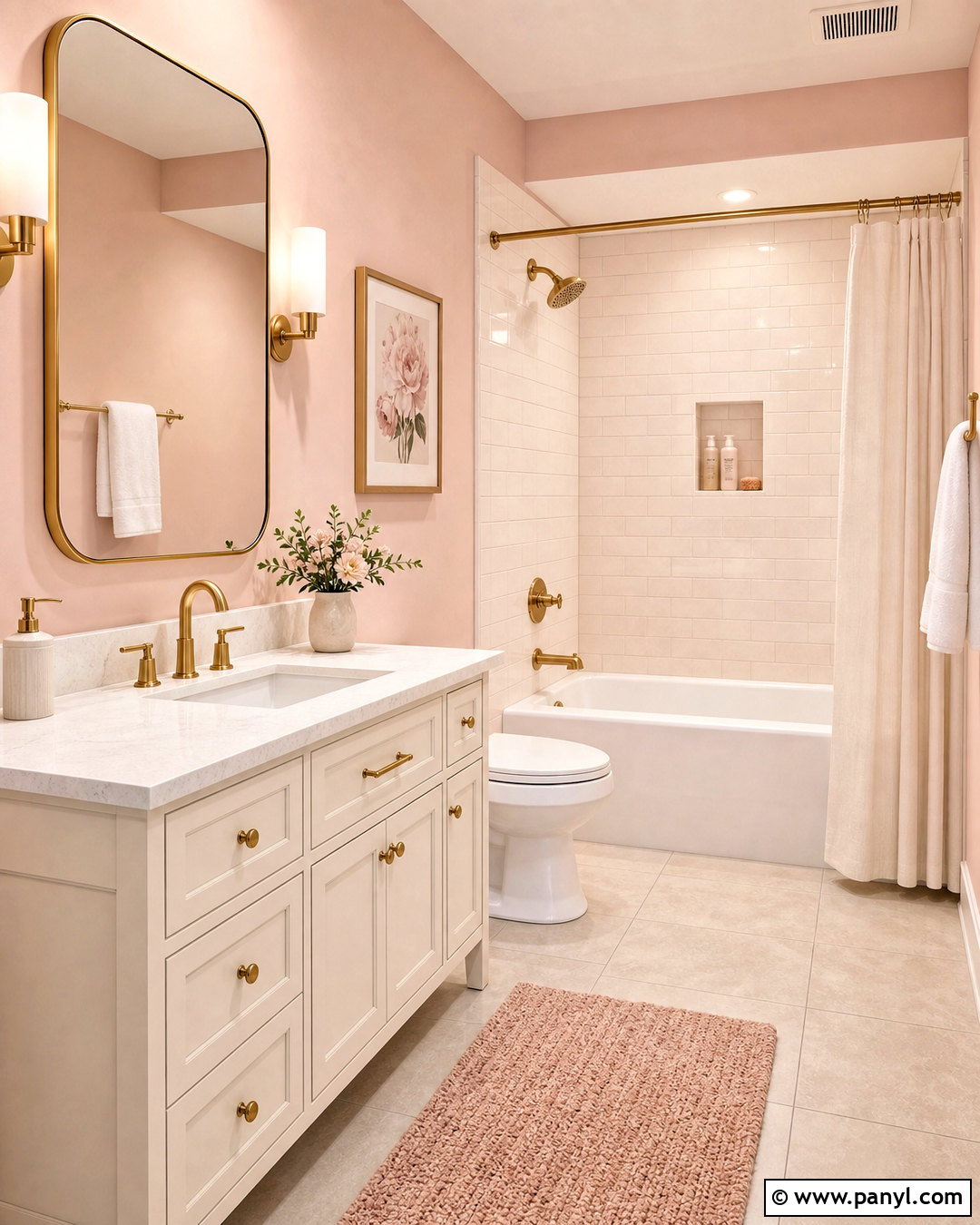 Blush Pink Bathroom With White Vanity - 20 pink bathroom inspo ideas