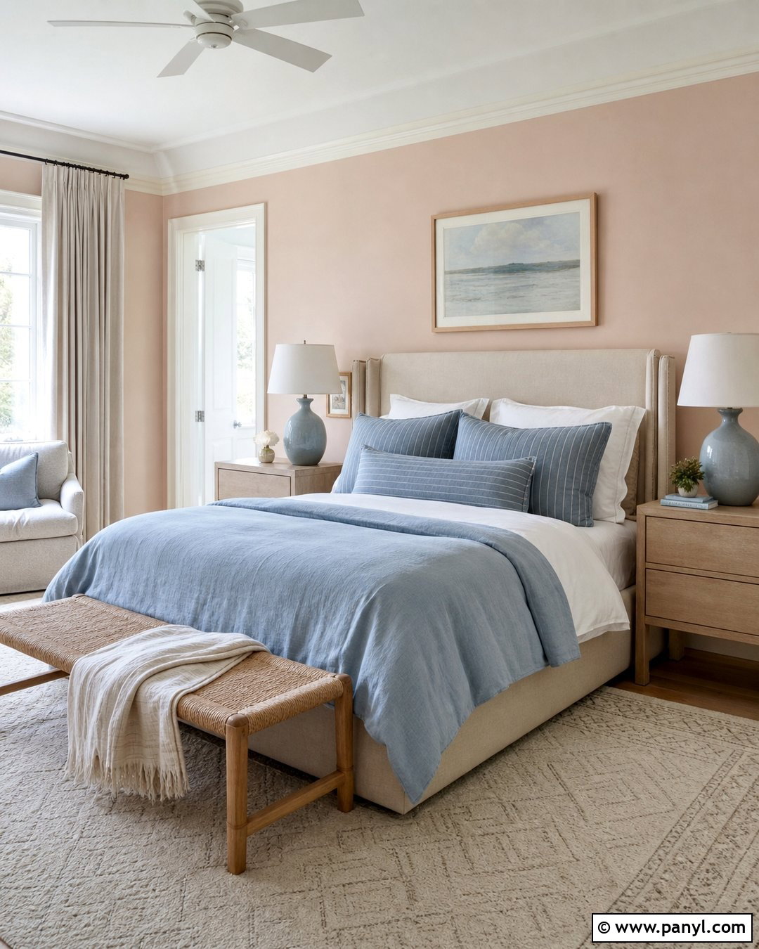 Blush Pink Bedroom With Blue Bedding - 20 Blush Pink Wall Paint Bedrooms