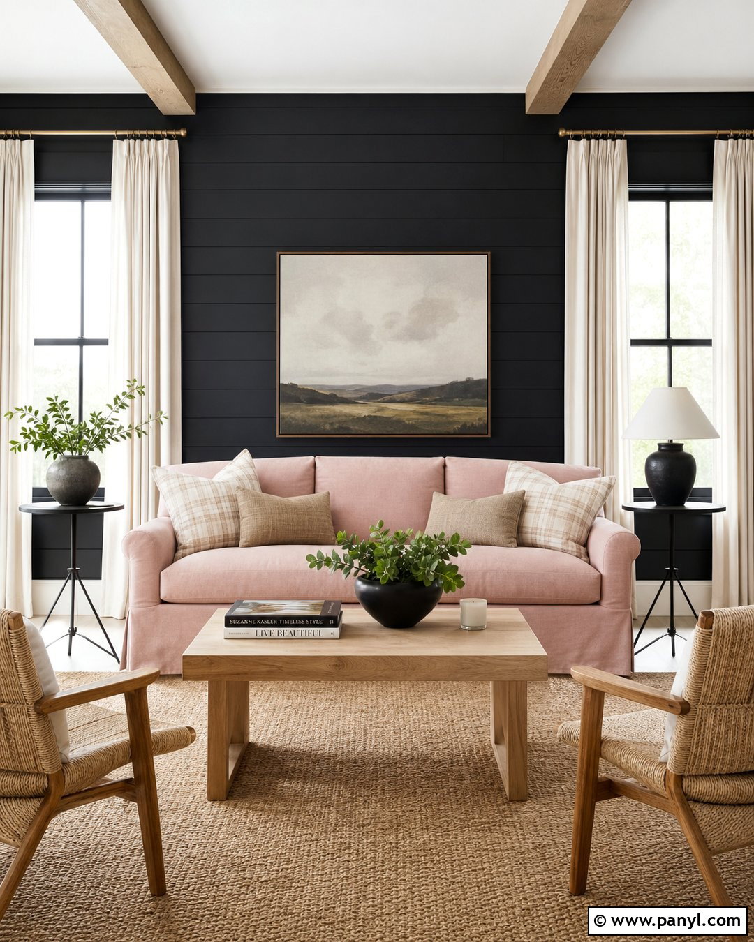 Blush Pink Couch With Black Shiplap Wall - 20 Pink Couch Black Wall Ideas