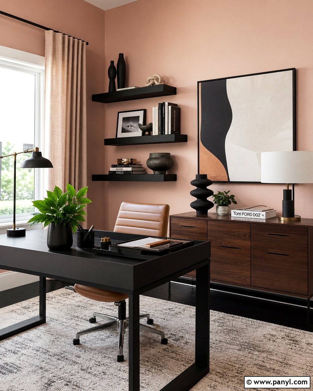 Blush Pink Home Office With Black Accents - 35 Blush Pink Walls