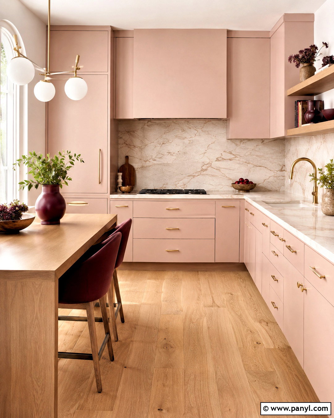 Blush Pink Kitchen With Light Marble - 20 light color kitchen ideas