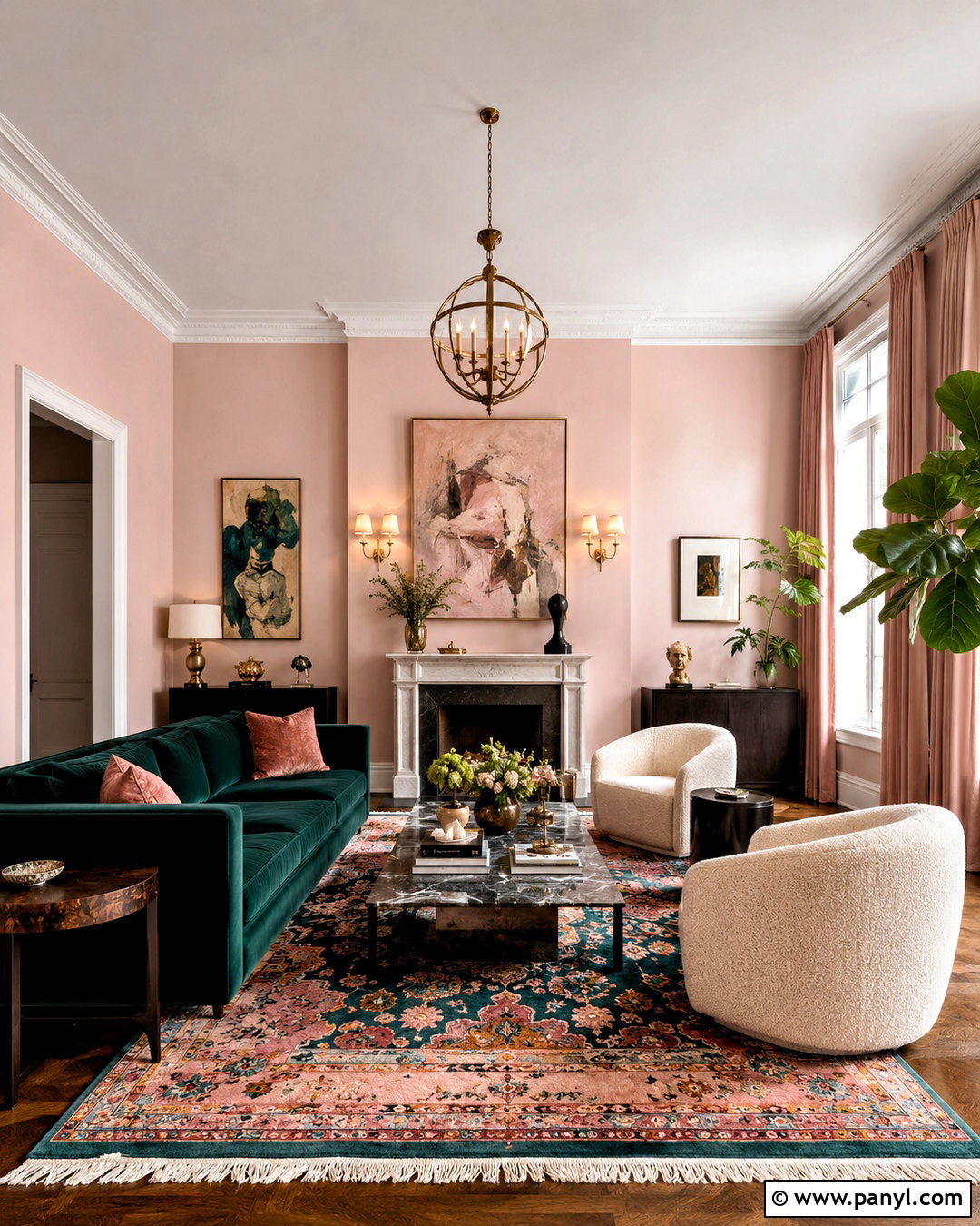 Blush Pink Living Room With Emerald Green - 20 blush pink living room ideas