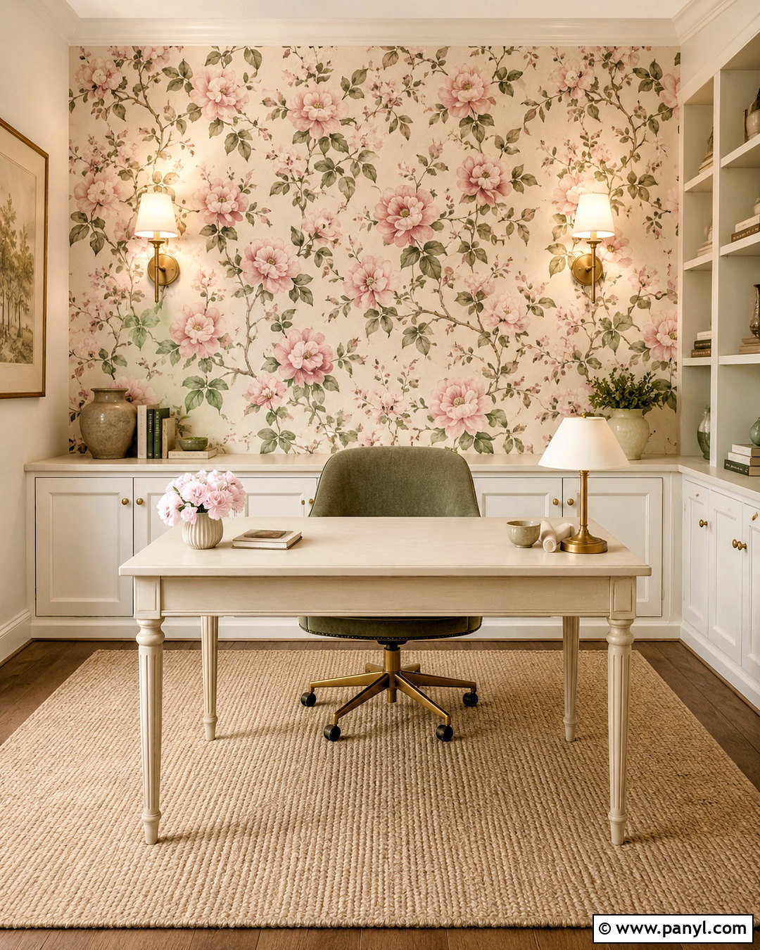 Blush Pink Office With Floral Wallpaper - 20 blush pink office ideas