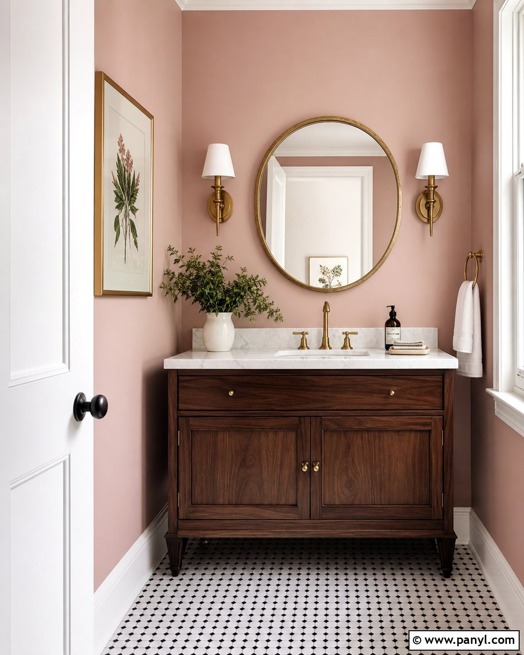 Blush Pink Powder Room With Brass Fixtures - 35 Blush Pink Walls