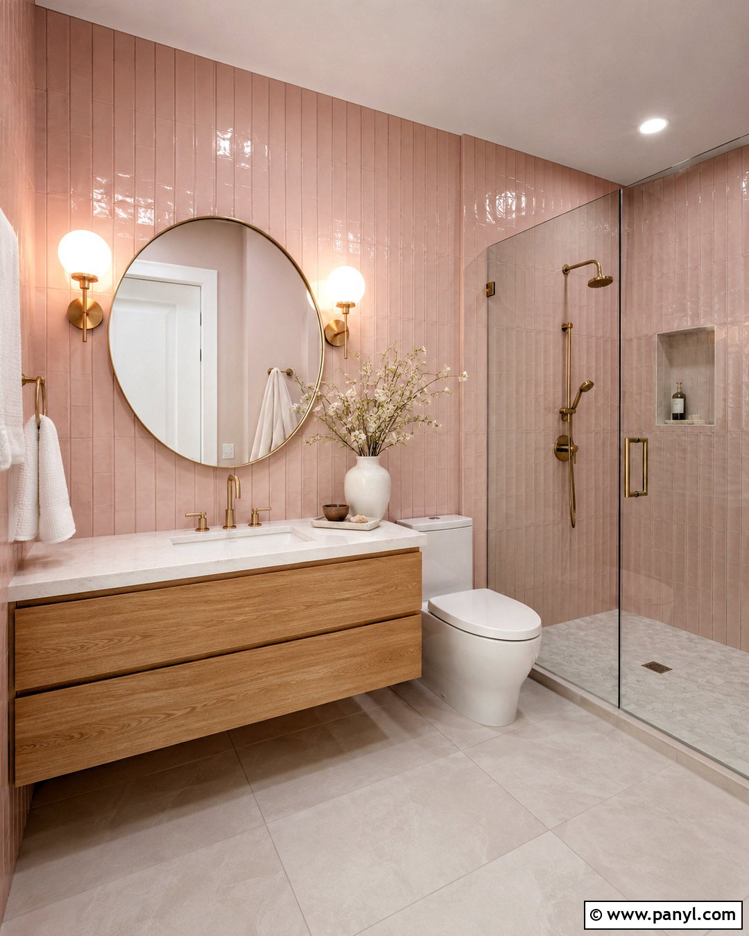 Blush Pink Subway Tile Bathroom - 20 pink bathroom aesthetic ideas