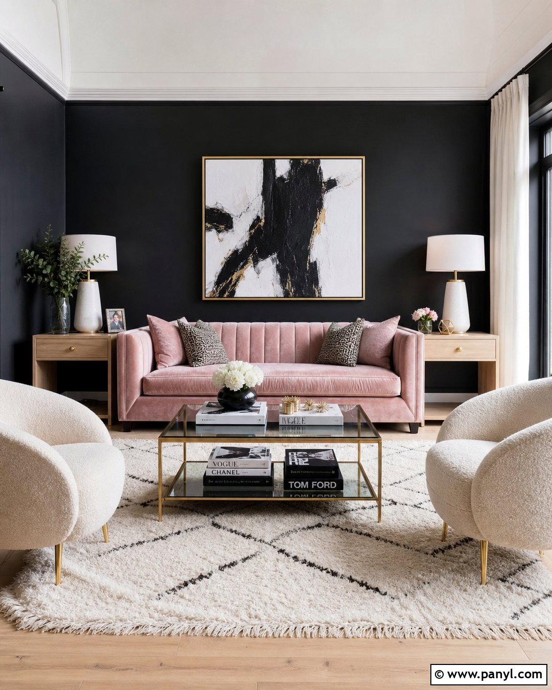 Blush Pink Velvet Couch With Matte Black Wall - 20 Pink Couch Black Wall Ideas