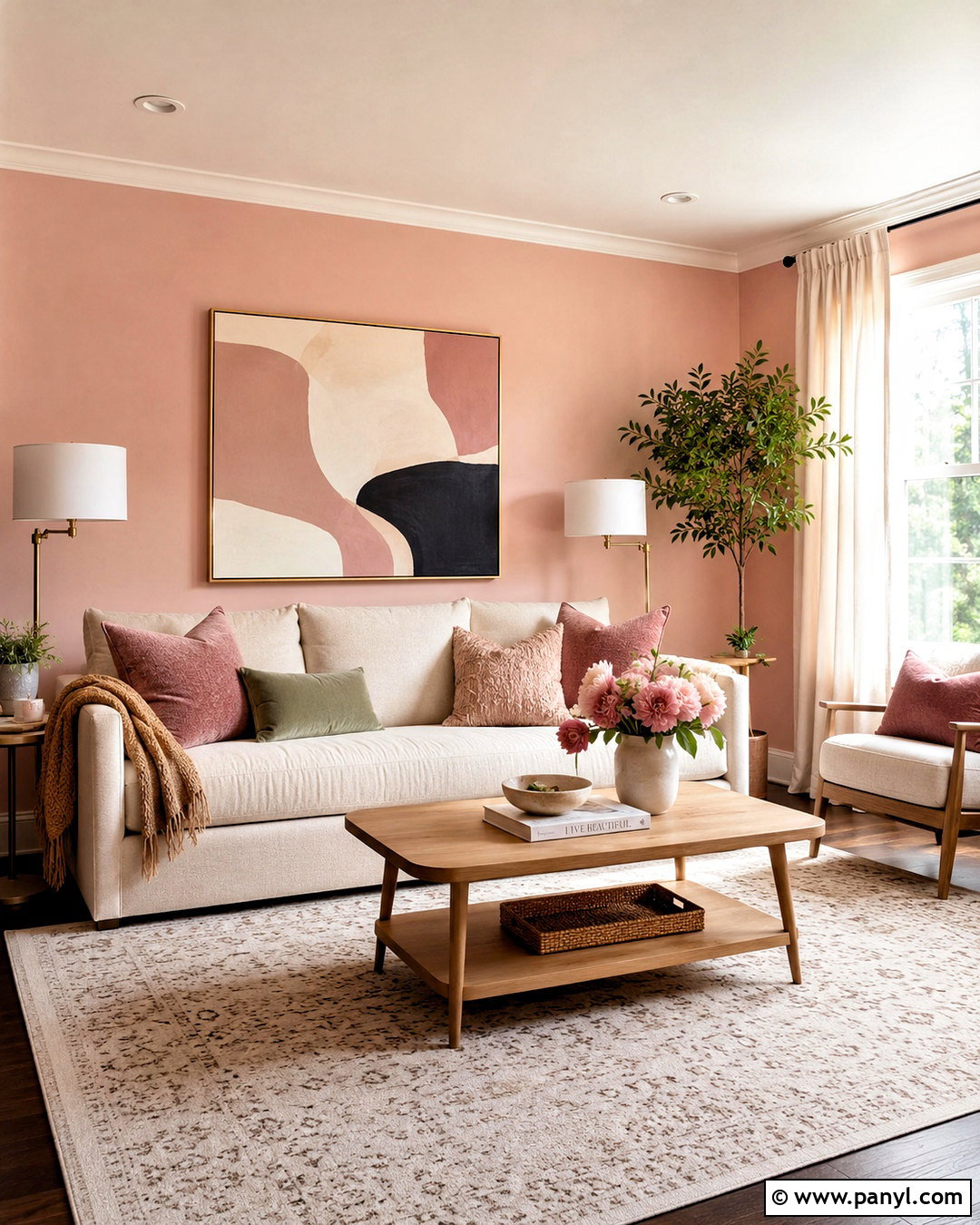 Blush Pink Walls With A Cream Sofa - 20 pink wall living room ideas