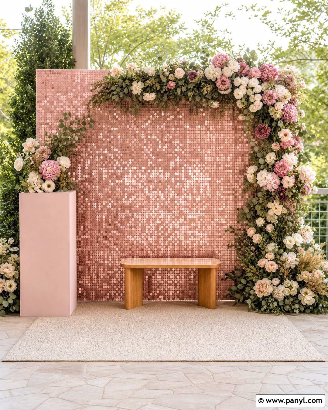 Blush Sequin Wall Backdrop With Flowers - 20 sequin wall backdrop ideas