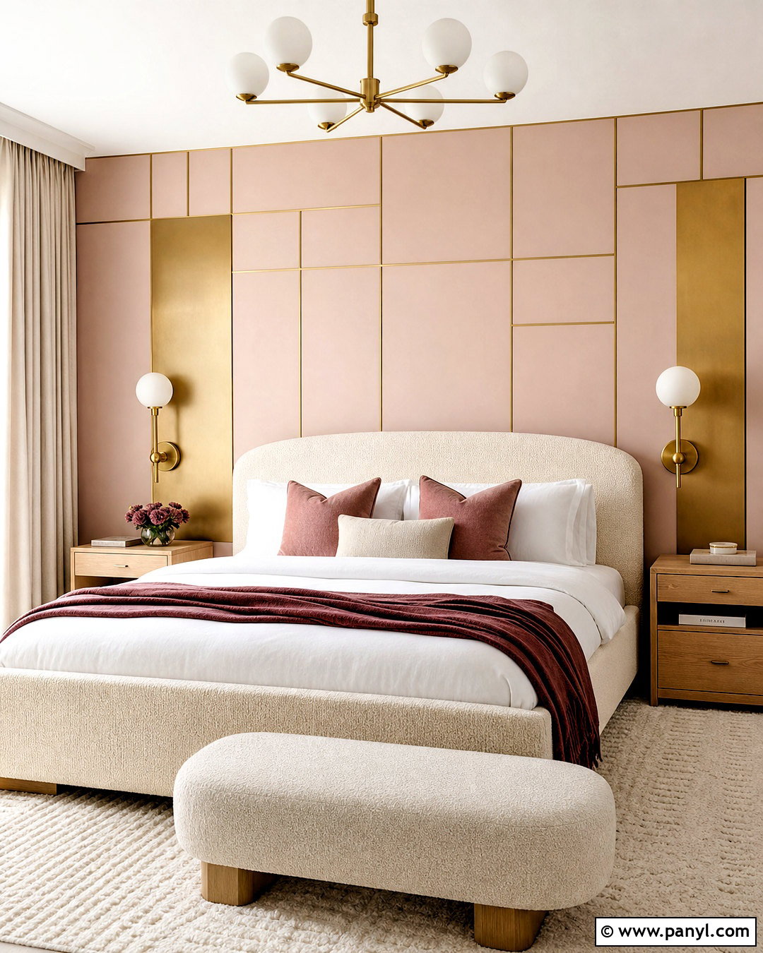 Blush Wall With Gold Grid Strips - 20 golden strips on wall ideas