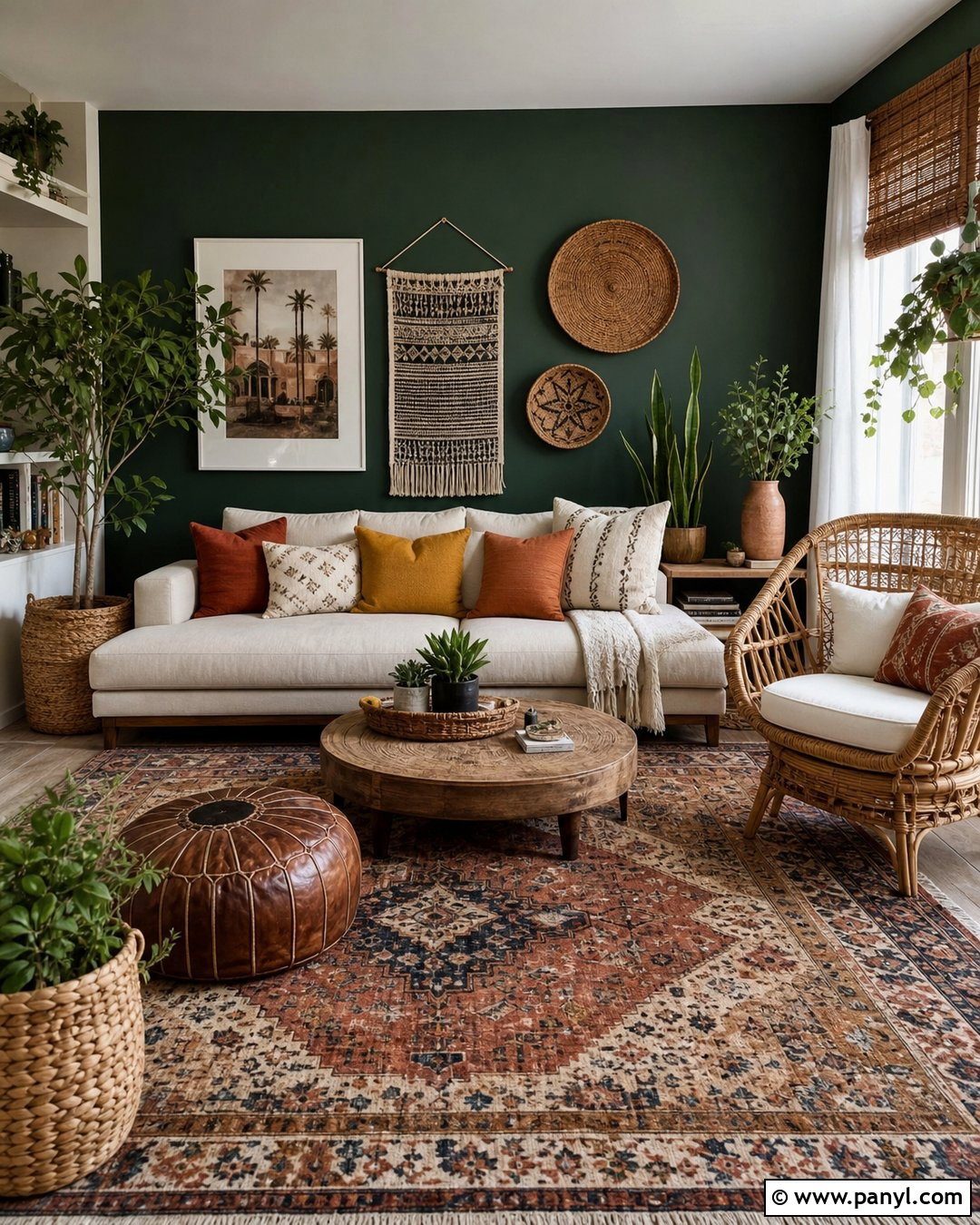 Boho Dark Green Feature Wall - 30 Dark Green Feature Wall Living Room Ideas