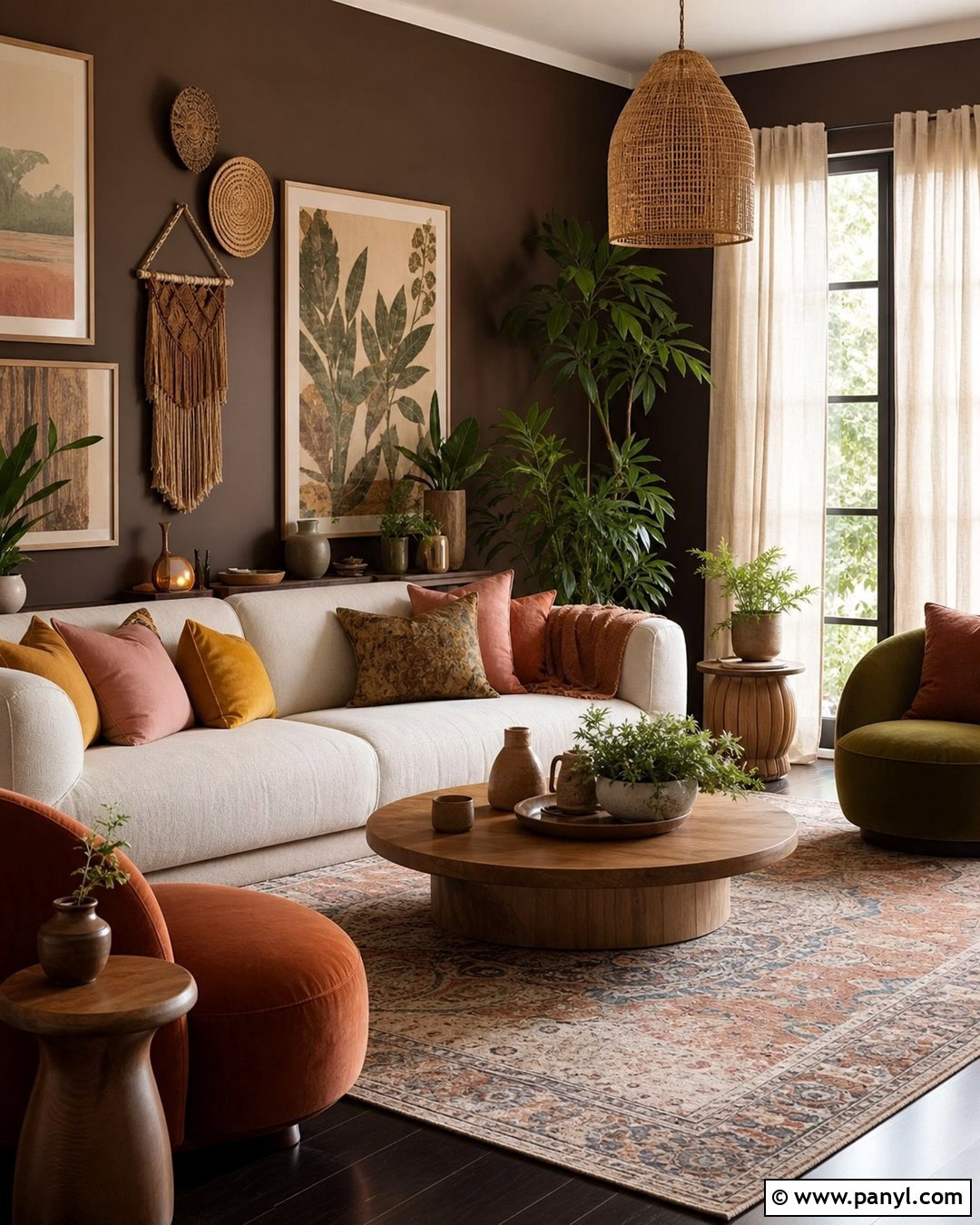 Boho Living Room With Dark Brown Walls - 35 Dark Brown Walls Living Room Ideas