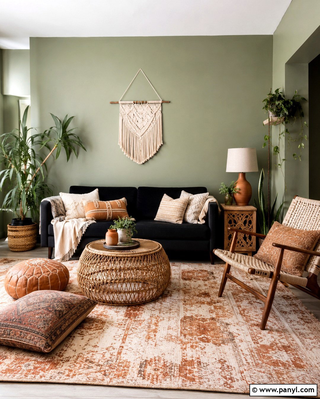 Boho Living Room With Sage Green Walls And Black Sofa - 20 Sage Green Walls With Black Furniture Ideas
