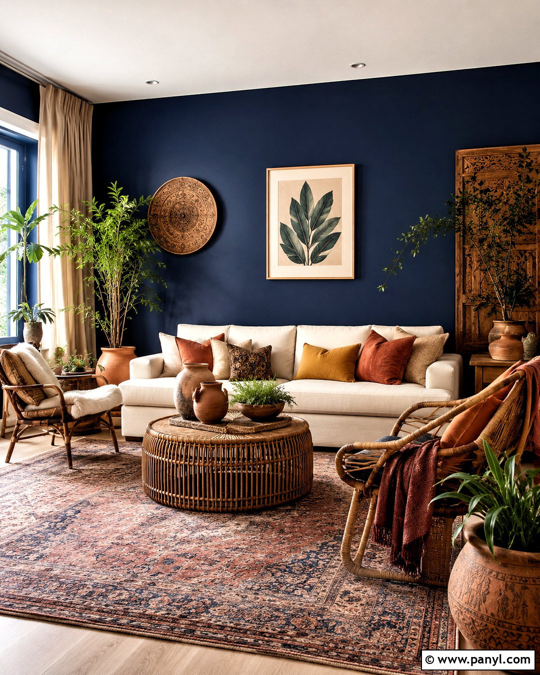 Boho Navy Feature Wall - 20 navy feature wall living room ideas