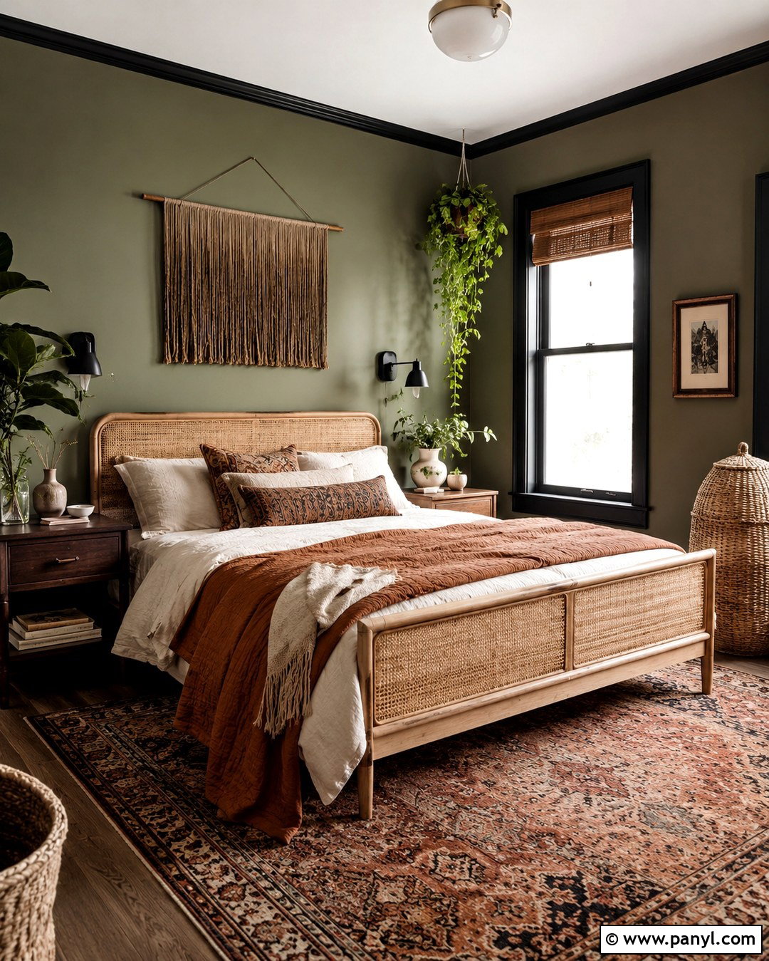 Boho Olive Green Bedroom With Black Trim - 20 Olive Green Walls With Black Trim Ideas