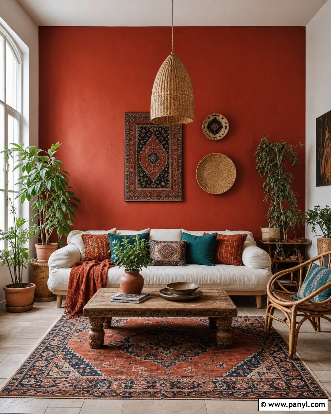 Boho Red Feature Wall Living Room - 35 red feature wall ideas