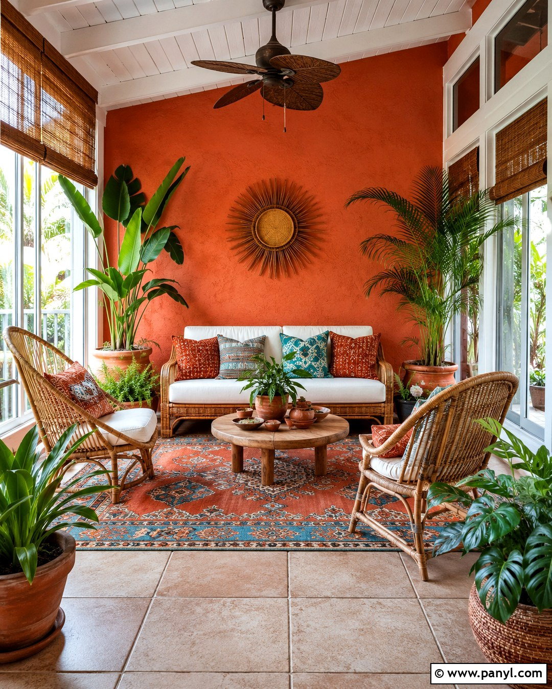 Boho Red Orange Accent Wall Sunroom - 20 Red Orange Accent Wall Ideas