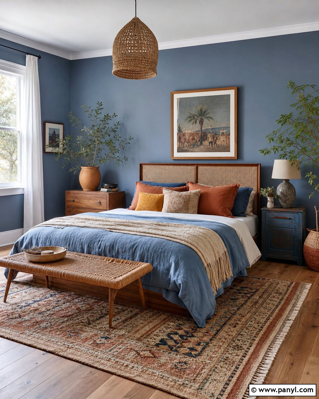 Boho Satin Blue Bedroom With Woven Decor - 20 Satin Blue Wall Paint Ideas