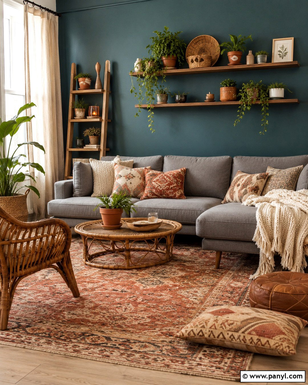 Boho Teal Living Room With Grey Sofa - 20 Teal Walls Grey Sofa Ideas