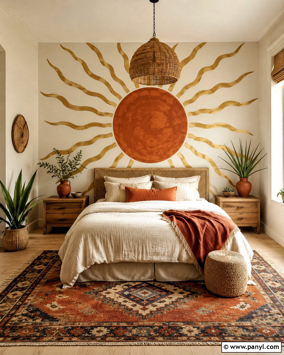 Boho Wall Painting With A Terracotta Sun - 20 boho wall painting ideas