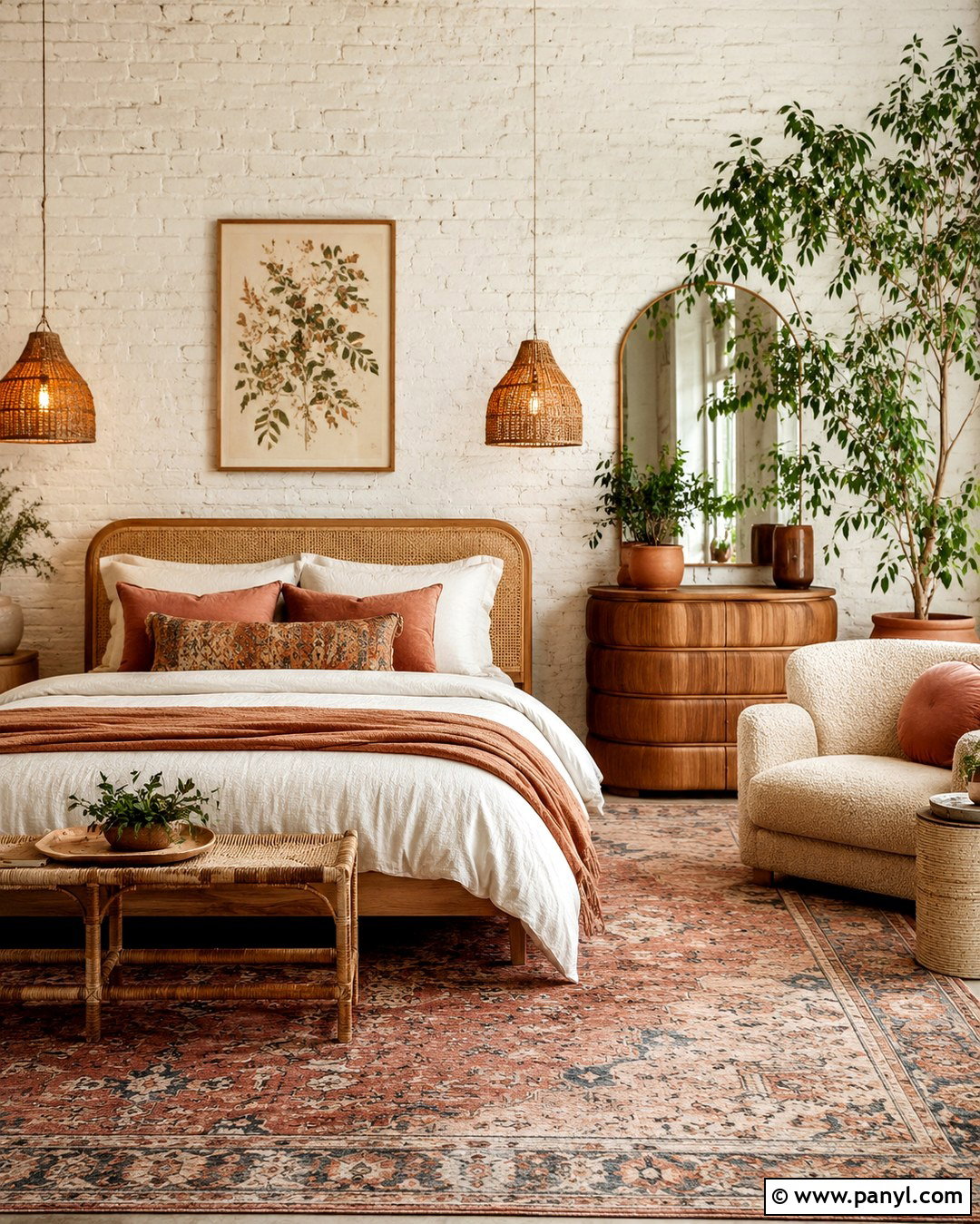 Boho Whitewashed Brick Wall Bedroom - 20 White Wash Interior Brick Wall Ideas