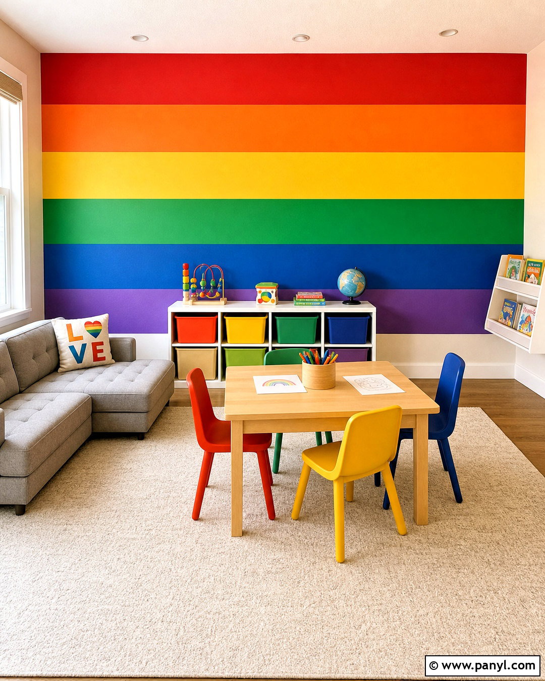 Bold Rainbow Stripe Mural - 20 rainbow mural kids room diy ideas
