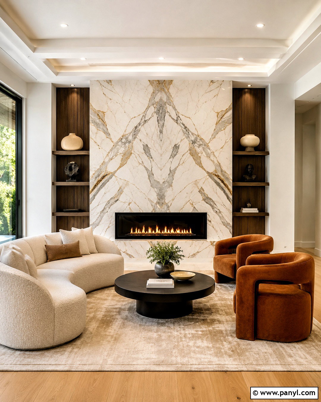 Bookmatched Marble Fireplace Wall - 20 marble wall living room ideas